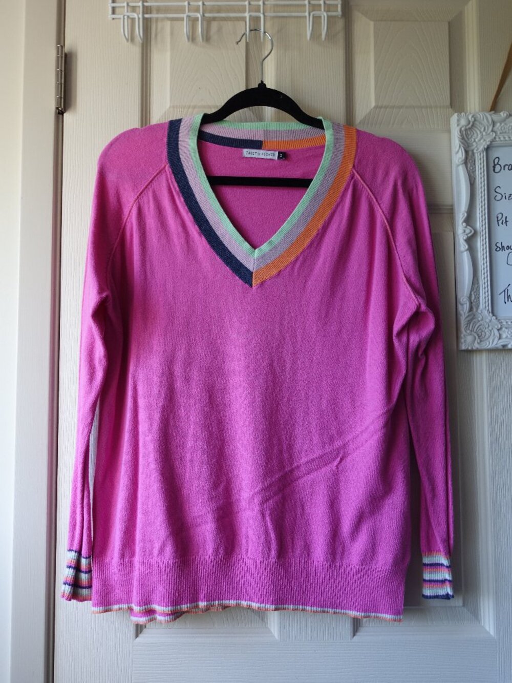 Zaket & Plover Pink V-Neck Sweater with Multicolor Trim
